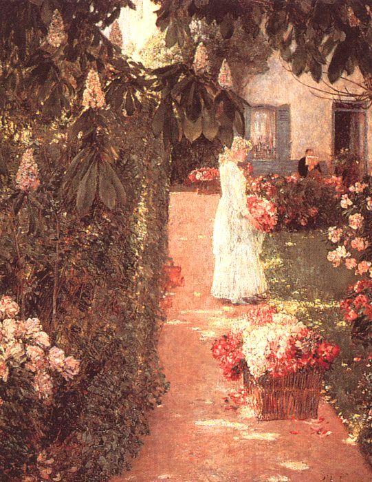 Childe Hassam Gathering Flowers in a French Garden Norge oil painting art